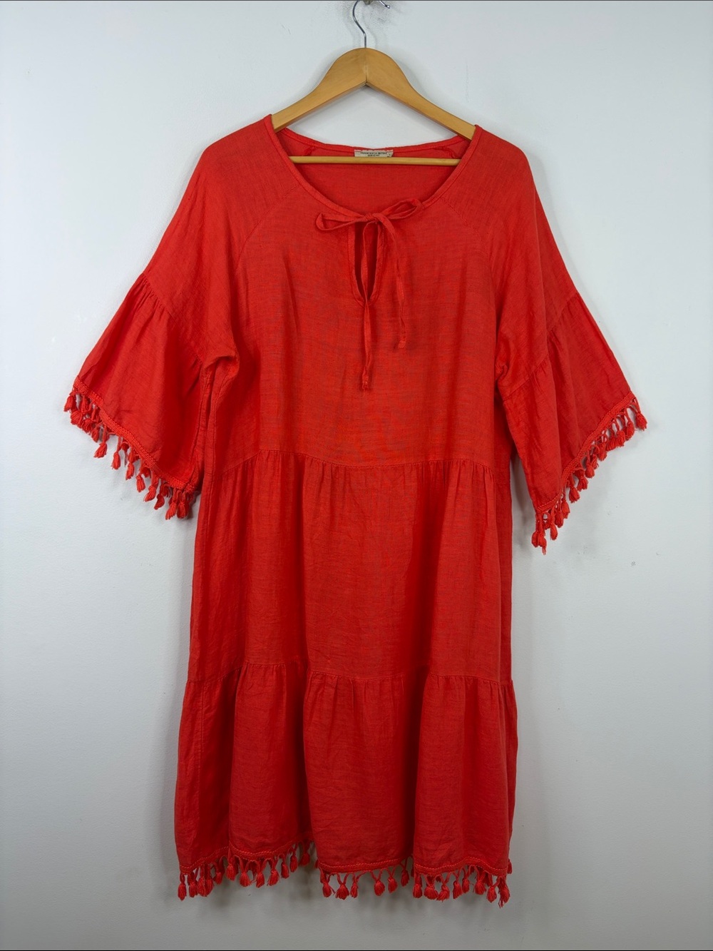 Linen Dress Womens Large Orange Loose Fit Tassel Fringe Resortwear Vacation Pool